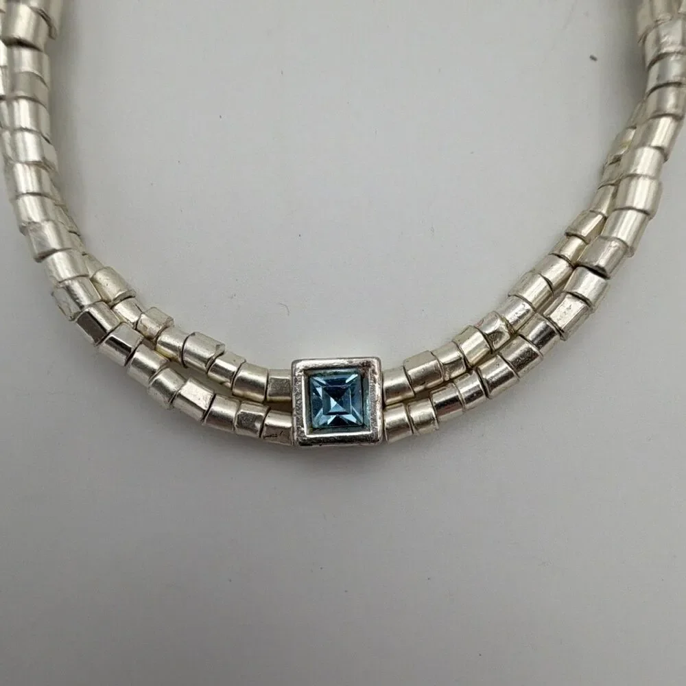 Dyrberg/Kern Signed Silver Tone Bead Chain Bracelet Blue Square Crystal 7 in